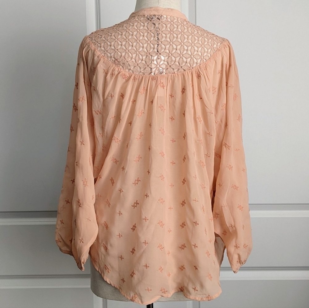 Lucky Brand Blouse Embroidered Semi-Sheer Lace Button Front Rose Tan S/M NWT - Picture 8 of 14